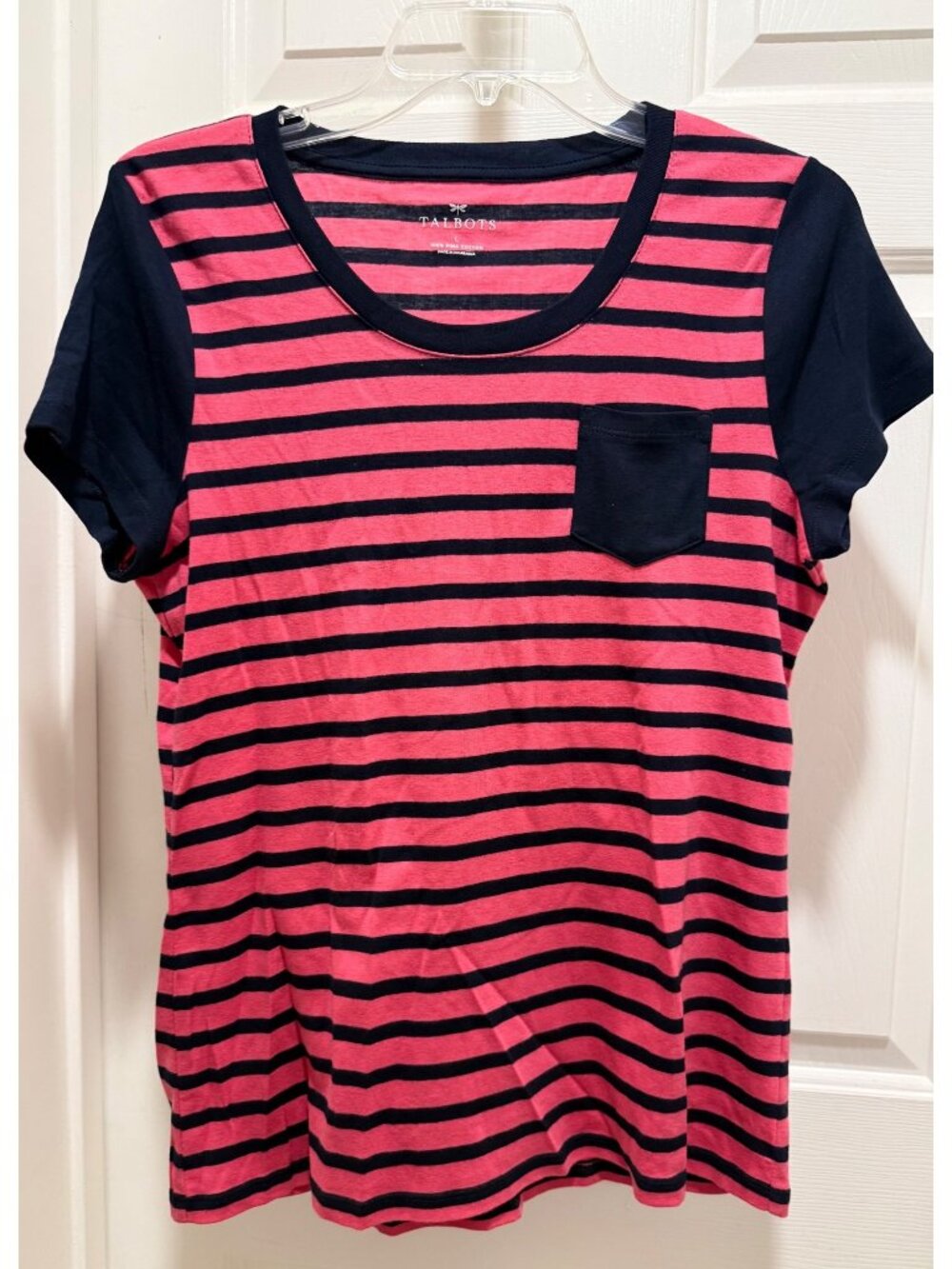 Talbots womens L Large Striped Pink Navy Blue Short Sleeve pima Cotton T-Shirt
